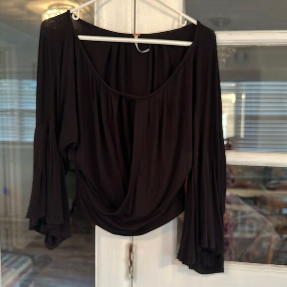 Free People Womens Last Time Draped Bell Sleeve Top Black - Picture 2 of 4